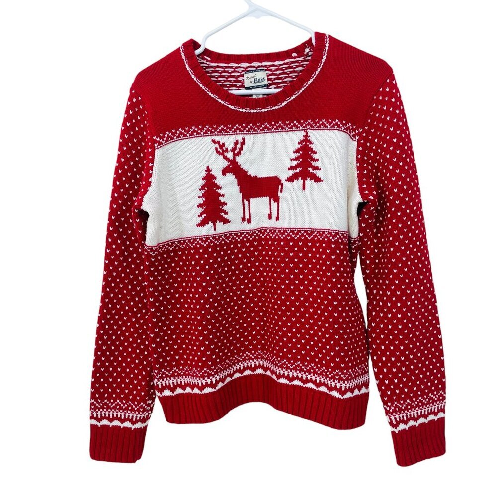 Knitted By BASS Women's Large Birdseye Sweater Red White‎ Fair Isle Reindeer